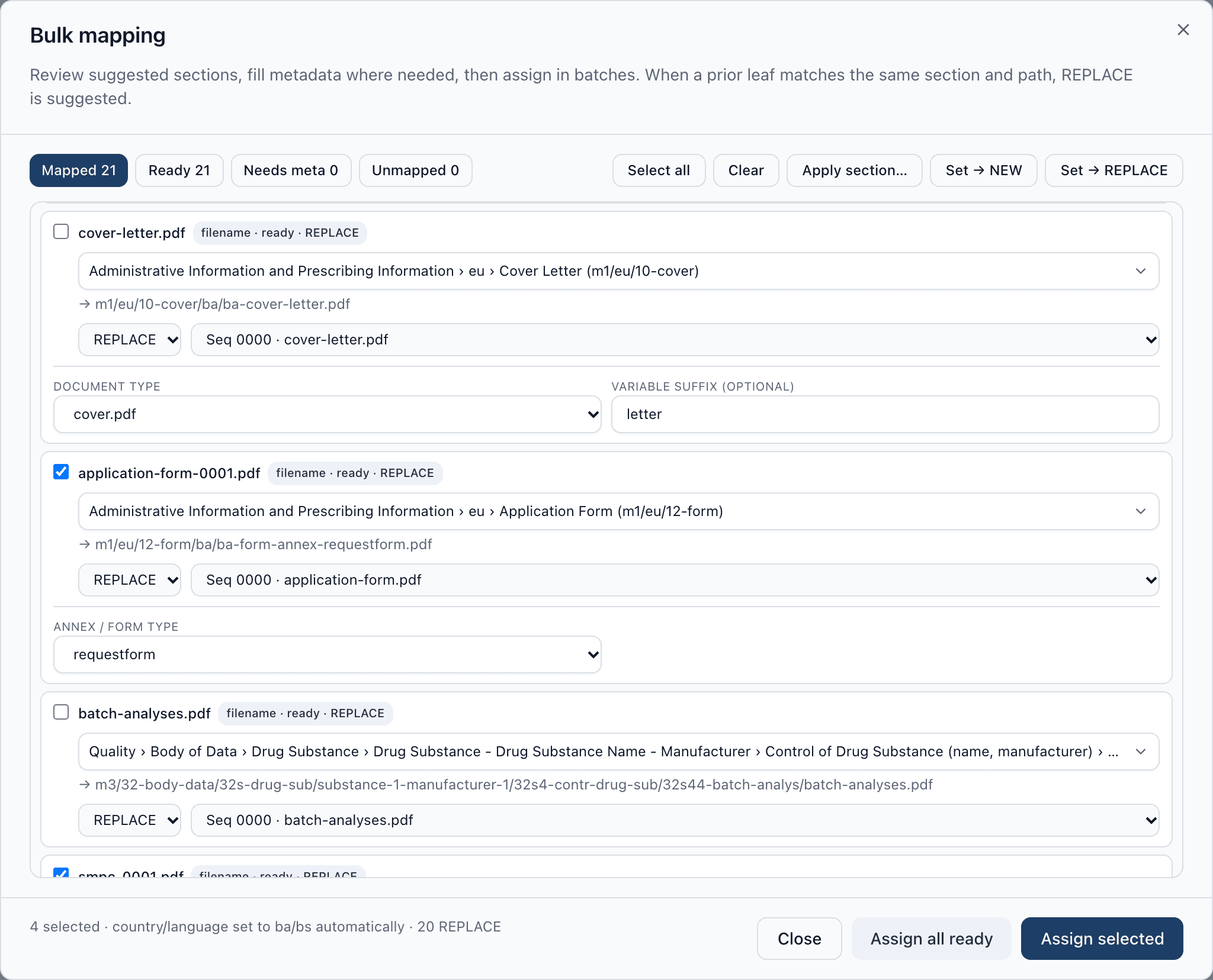 The eCTD bulk mapping dialog: each document has a target eCTD section, a file path and a REPLACE lifecycle operation with the selected previous document from sequence 0000.