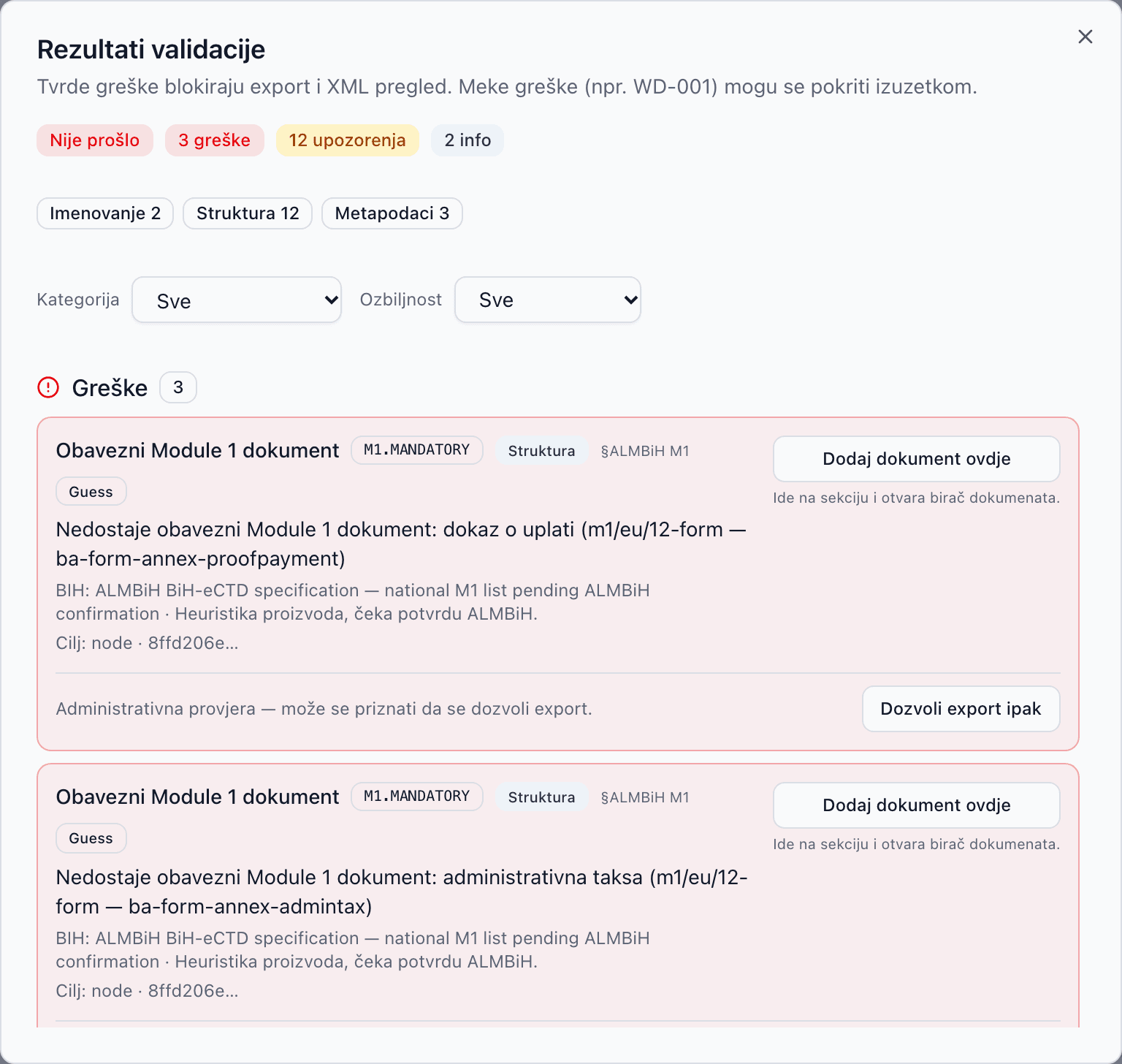 Rezultati validacije u aplikaciji eCTD za demo sekvencu: tri greške, dvanaest upozorenja i dvije informacije, s filterima po kategoriji i težini te akcijama za svaki nalaz.