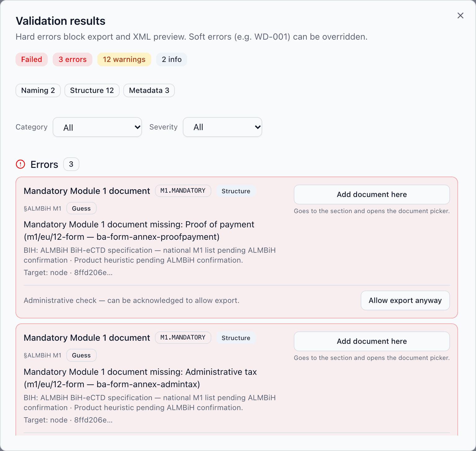 eCTD validation results for a demo sequence: three errors, twelve warnings and two info findings, with category and severity filters and an action for each finding.